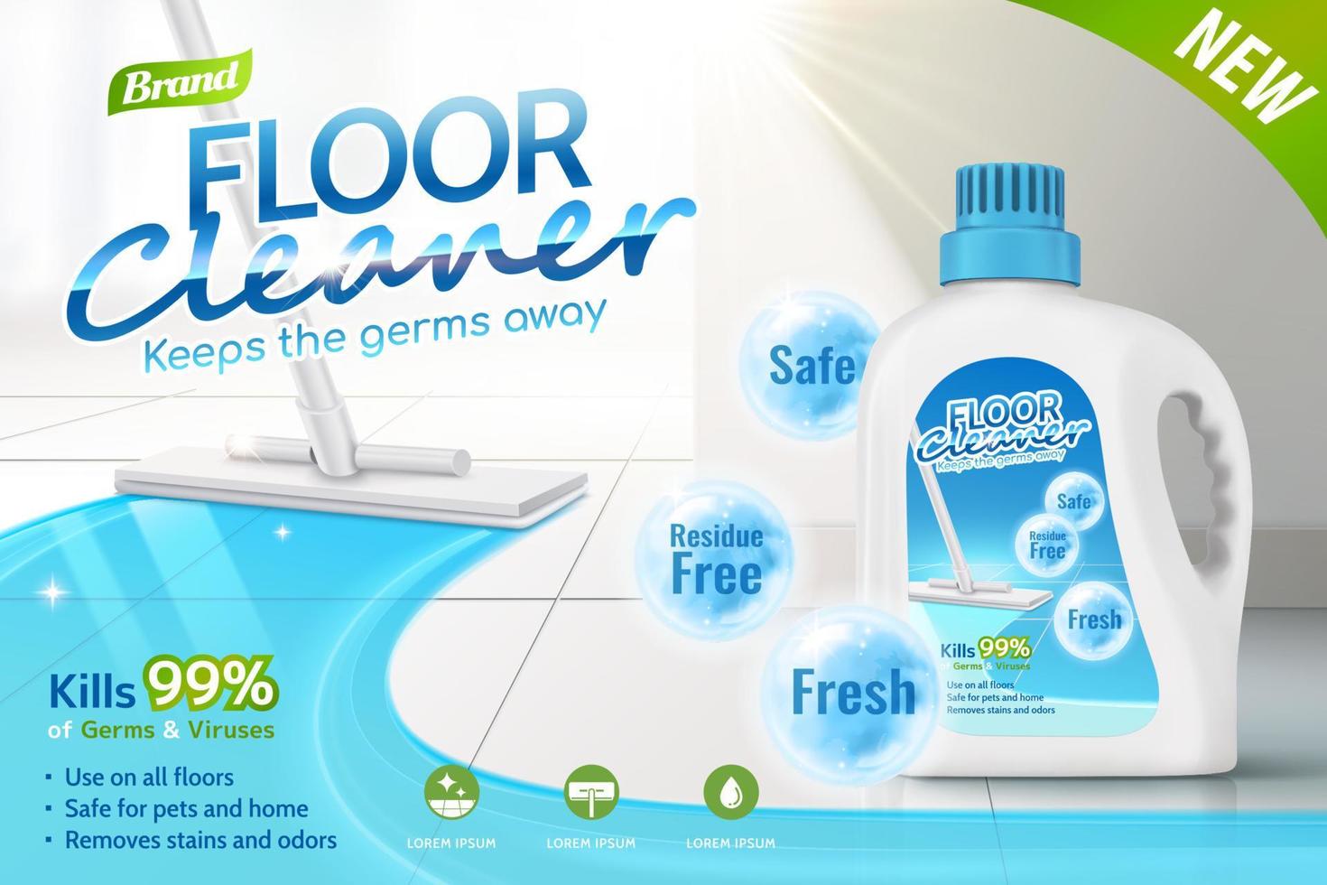 Floor cleaner ads, product package design with several efficacies in 3d illustration, mop cleaning tiled floor. vector