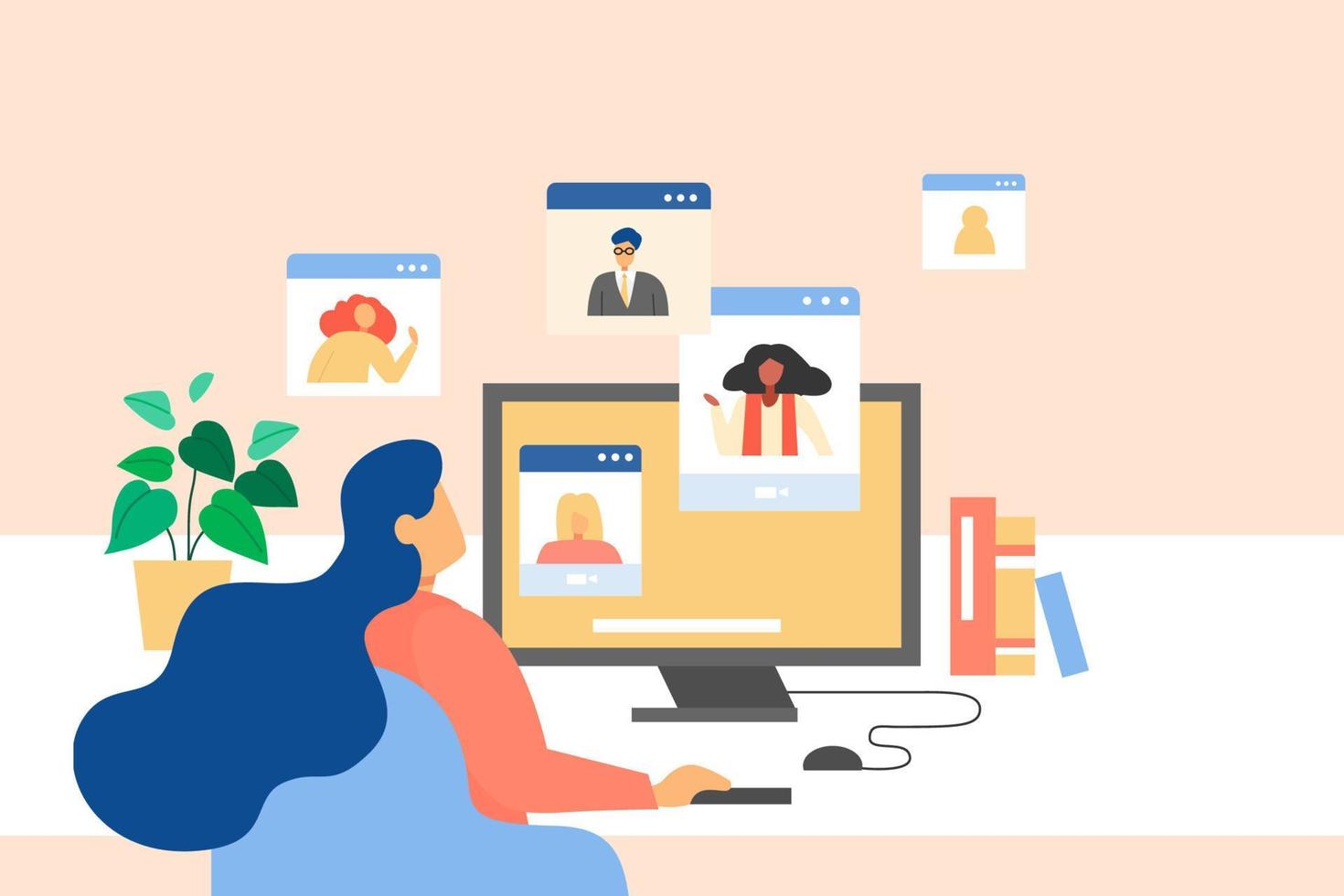 Young woman talking to colleagues using a video call. Concept of online conference from home. Remote wfh during quarantine in flat style illustration vector