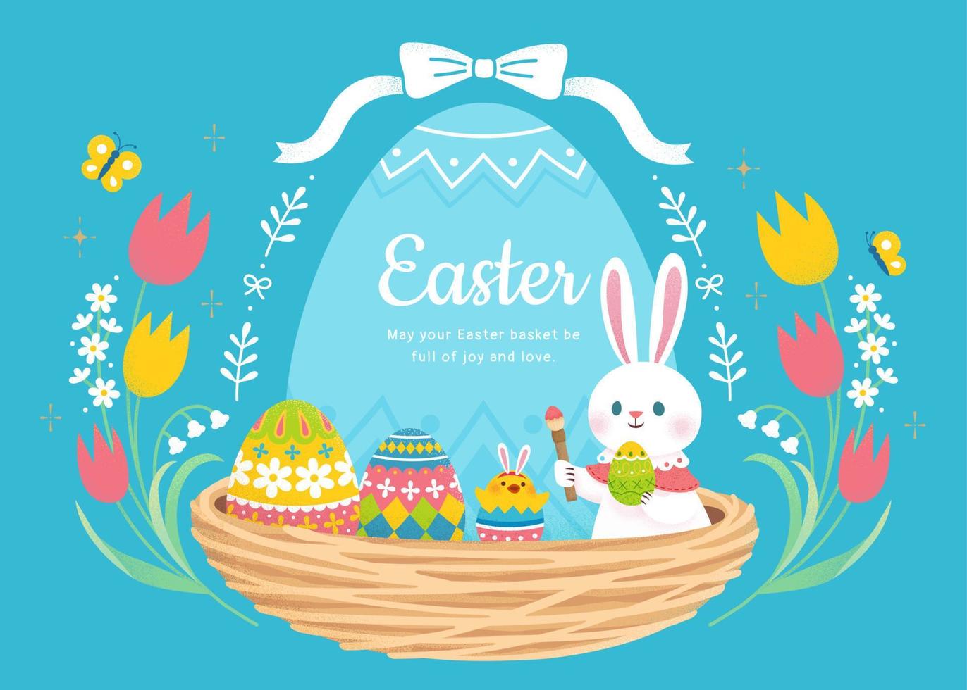 contento Pascua de Resurrección antecedentes. linda conejo, vistoso huevos y polluelo conjunto en nido con floral tulipán marco. vector