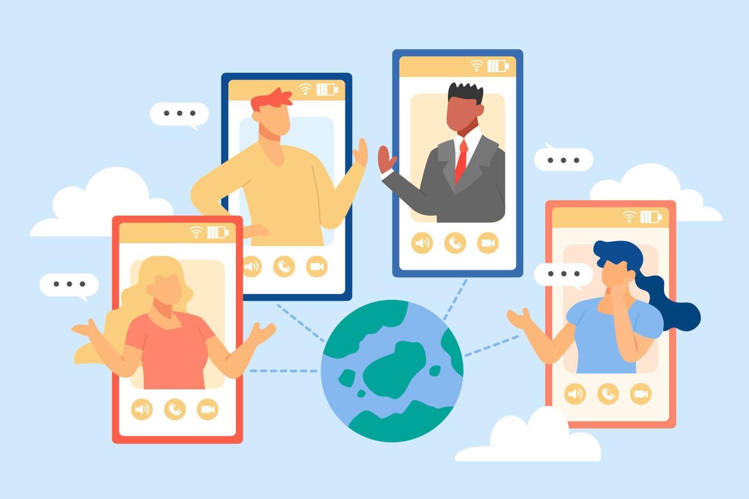 Flat style illustration of global business team working remotely telecommuting. Various people on mobile video call app interface connected to the globe in center. vector