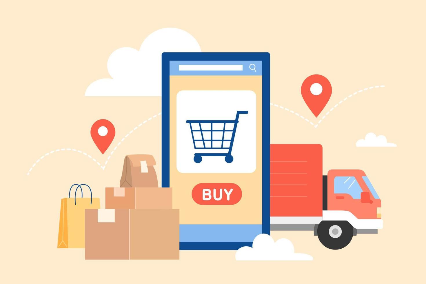 Smart phone online shopping app with trackable delivery truck and parcels. Online shopping on mobile phone. Flat style illustration. vector