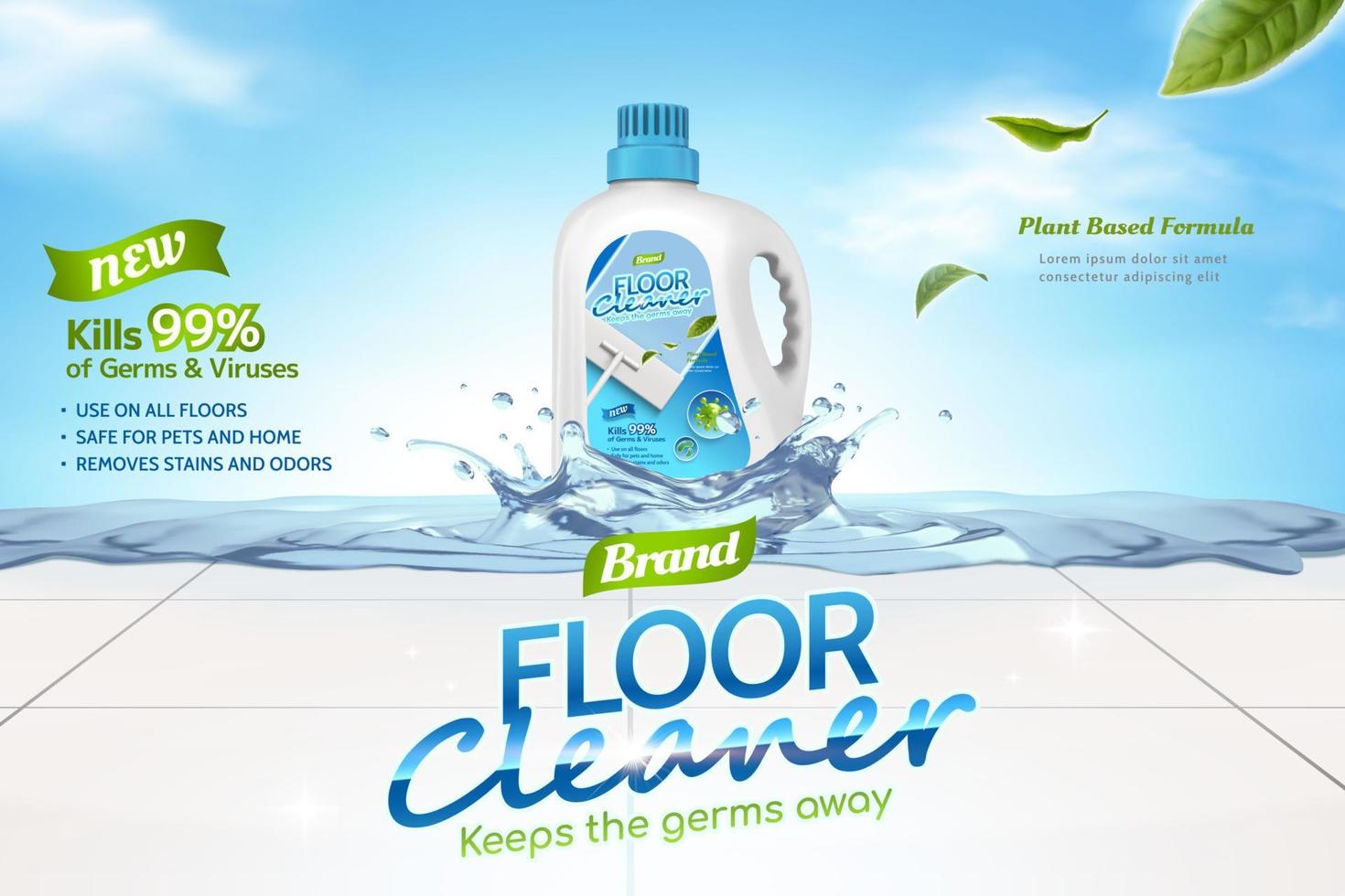 Floor cleaner ads, plant based formula of cleaner liquid with leaves elements and splashing water on tiled floor in 3d illustration, against sky background. vector