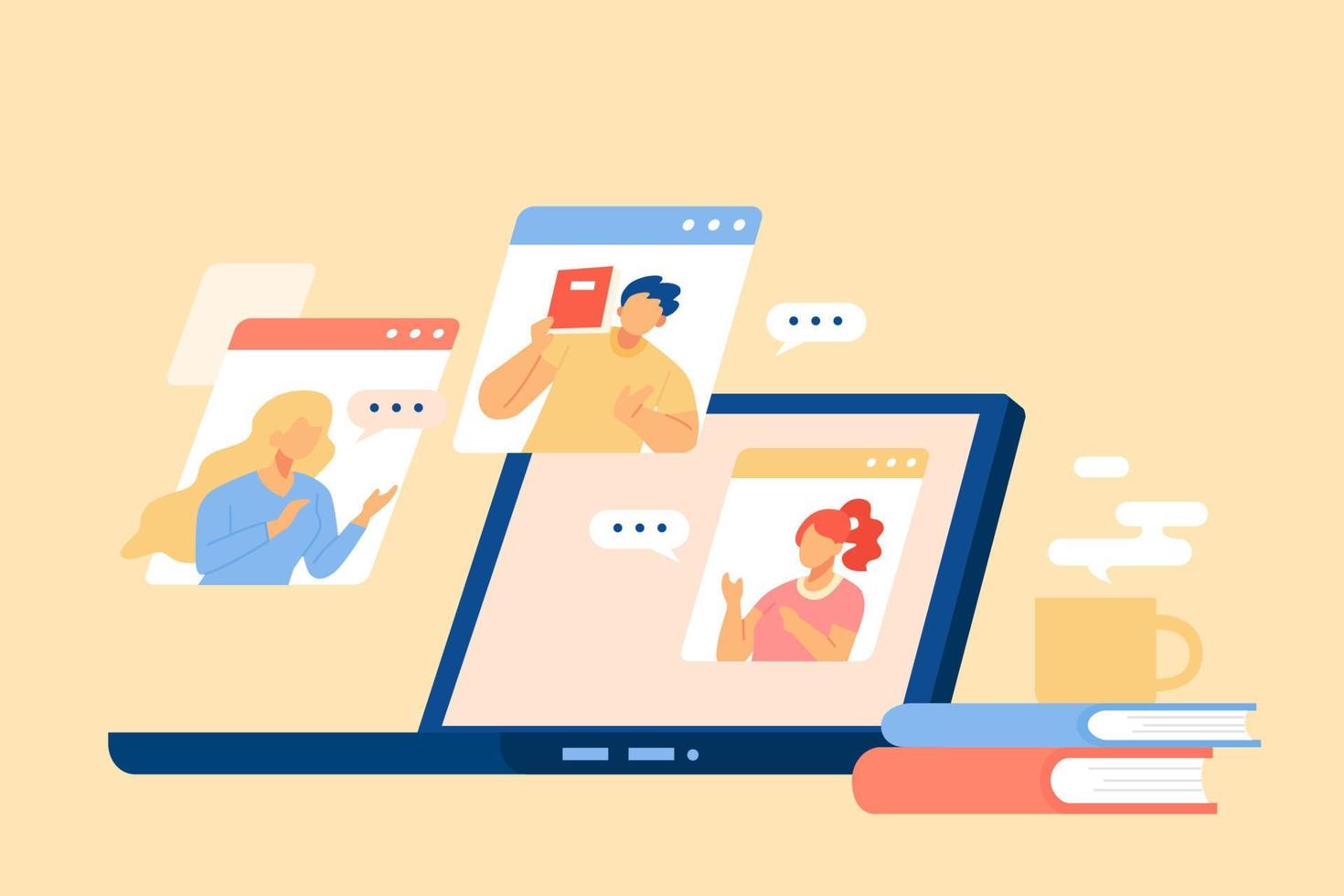 Flat style illustration pf online education concept. Laptop with books and hot coffee cup. Students having group study over video chat. vector