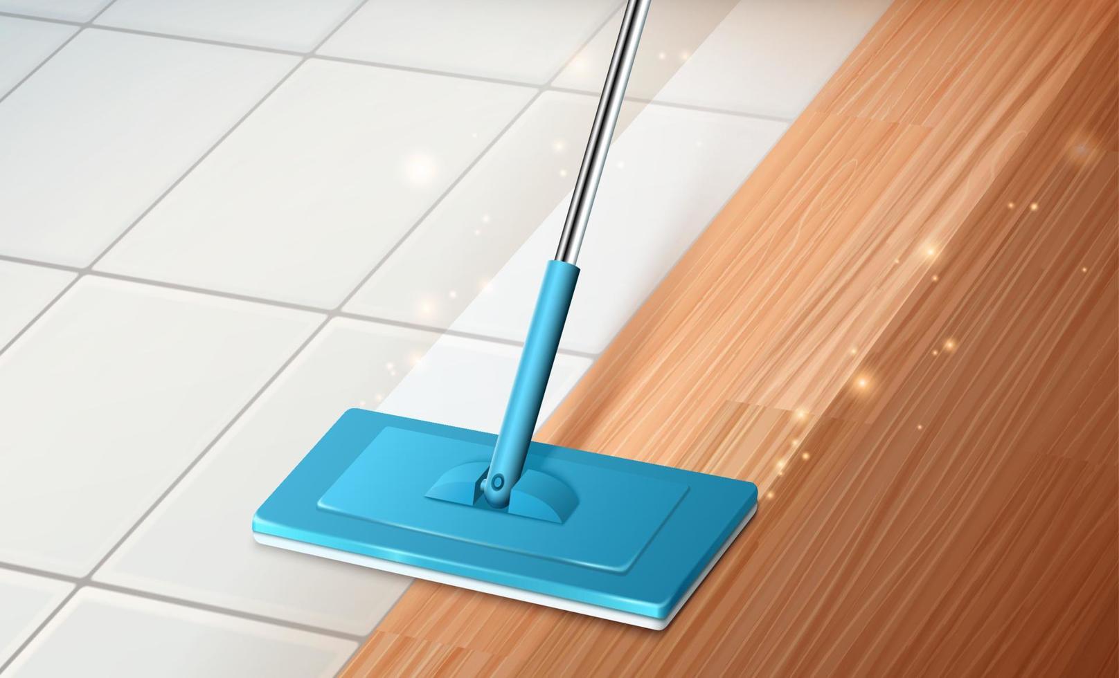Home interior background of mop cleaning hardwood and tile floor in 3d illustration. Concept of effective cleaning and disinfection. vector