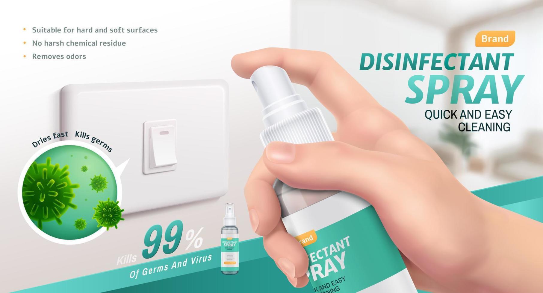 Disinfectant spray ad template, bottle held in hand spraying disinfectant on light switch with closeup of bacteria, 3d illustration vector