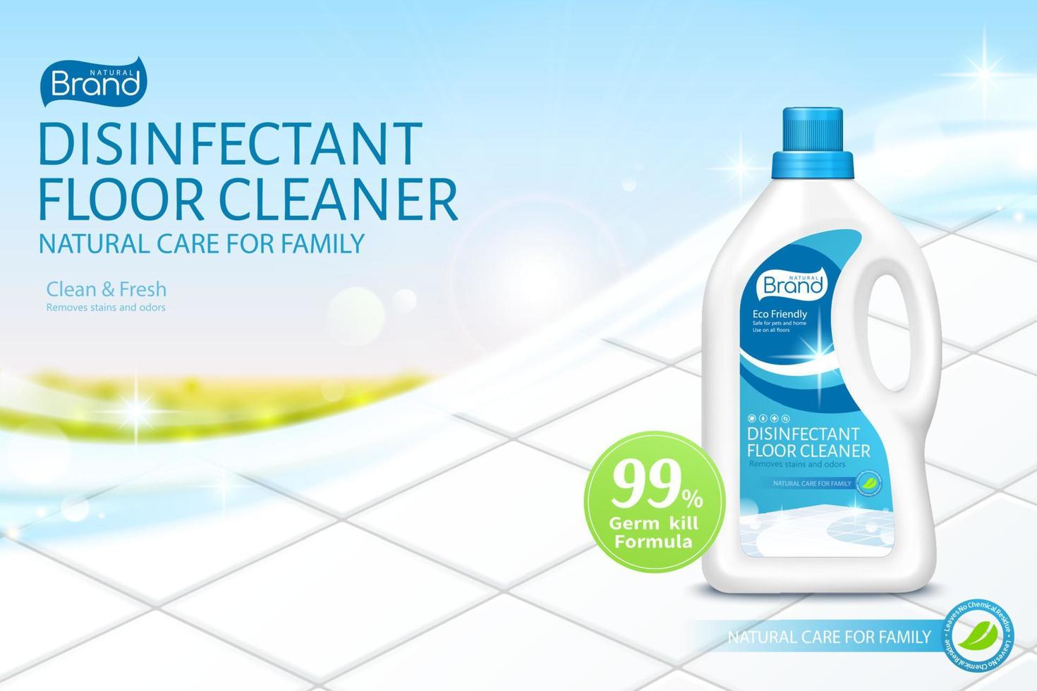 Ad template of floor cleaner. 3d bottle mock up set on shiny white tile floor with blue sky. Concept of bio natural care for home and family. vector