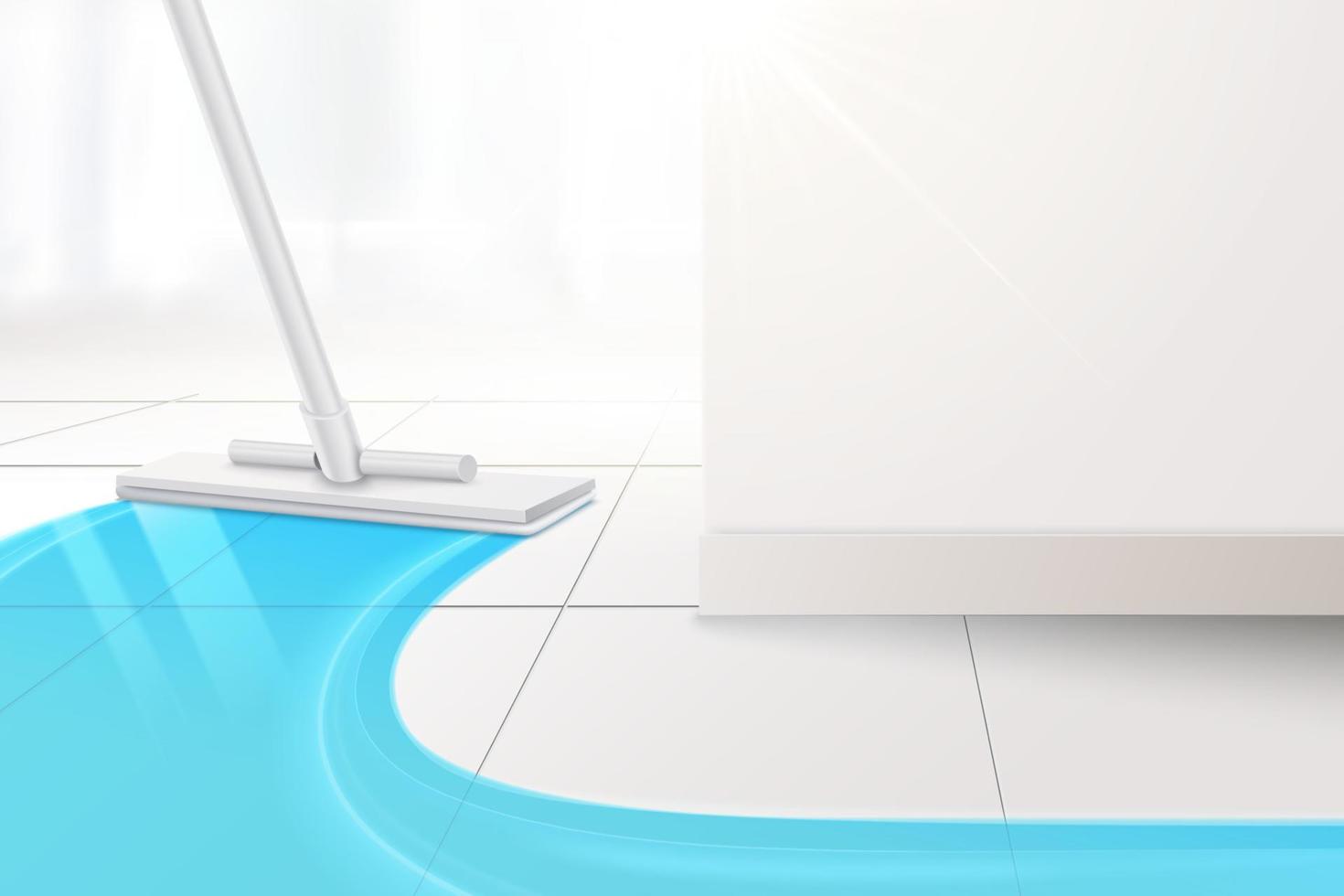 3d illustration of a realistic mop cleaning floor making a blue color on cleaned surface. Mop wiping white tiled floor indoors. vector