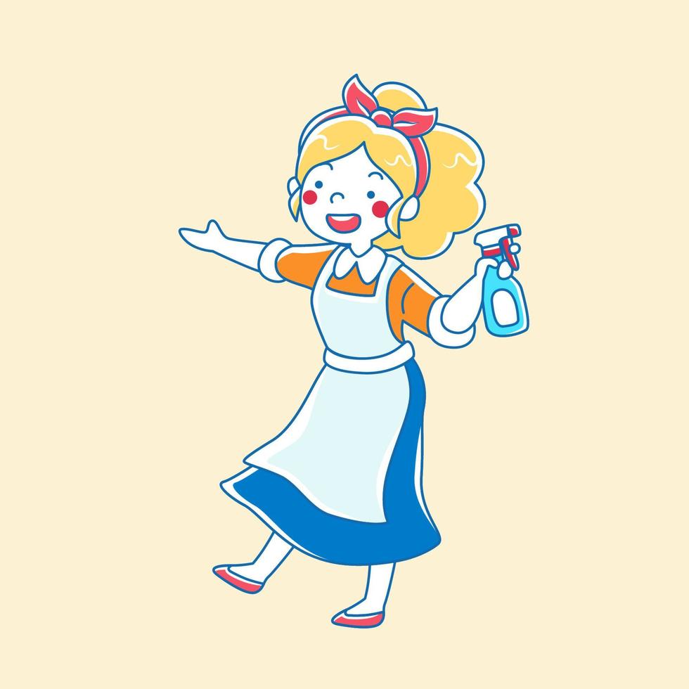 mujer dibujos animados personaje participación rociar limpiador botella aislado en beige fondo, linda niña haciendo tareas del hogar con rociar vector