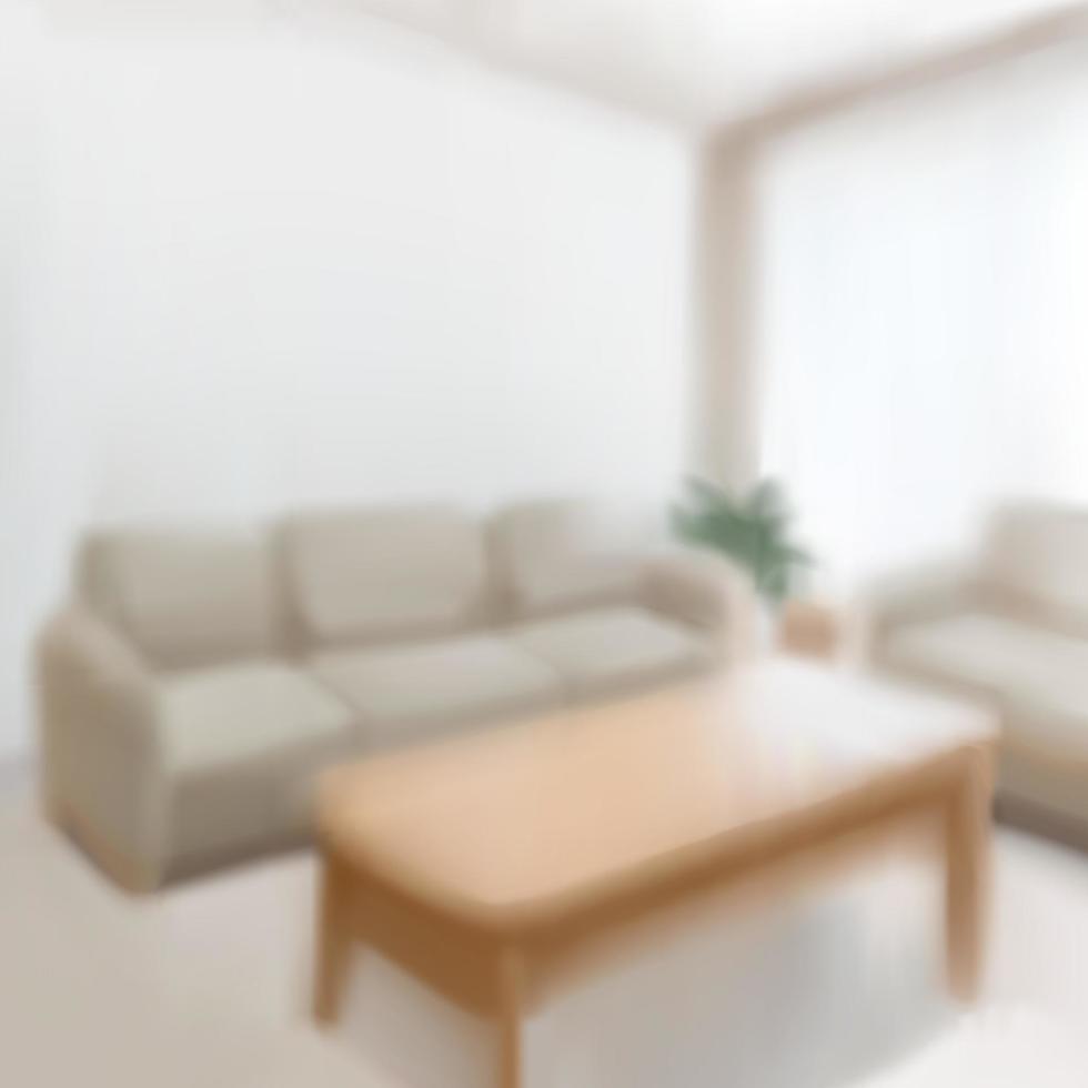 Blurred interior of living room with sofa set and wooden center table in 3D illustration vector