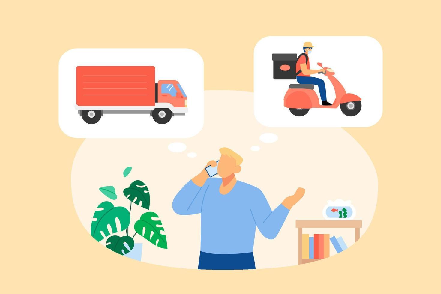 Courier man with facemask on motorcycle. Safe delivery during pandemic. Man talking on phone for tracking his online order, Flat style illustration. Truck and delivery man on scooter in closeup. vector