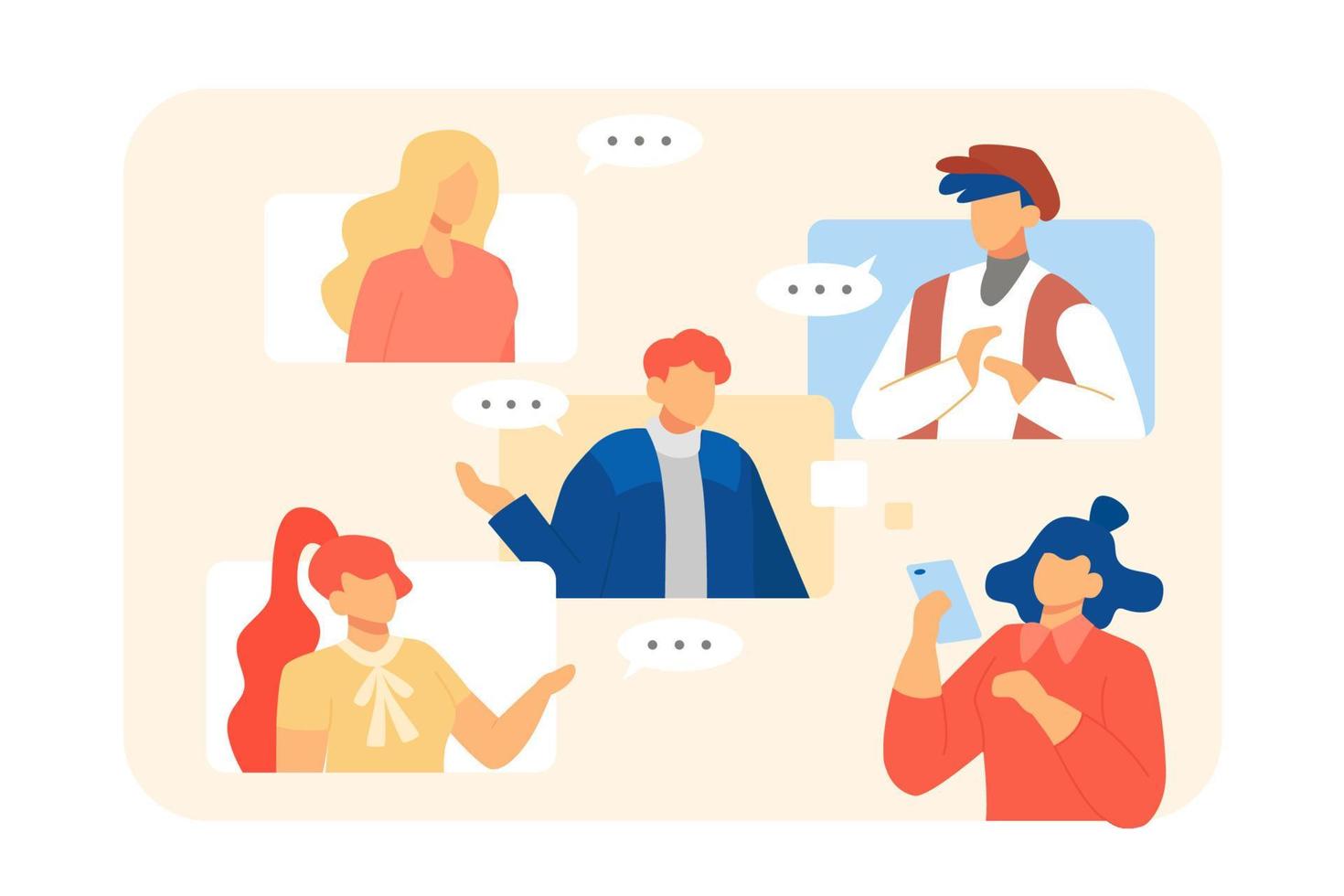 Flat style illustration of group of people texting online. Young men and women messaging online. vector