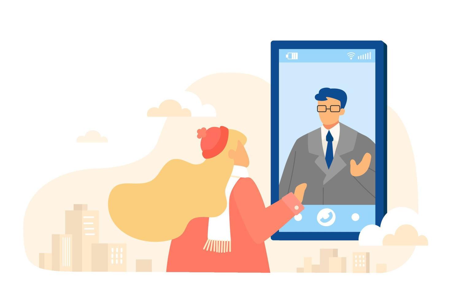 Flat style illustration, woman doing online distant call while her husband on his business trip. City buildings background. vector