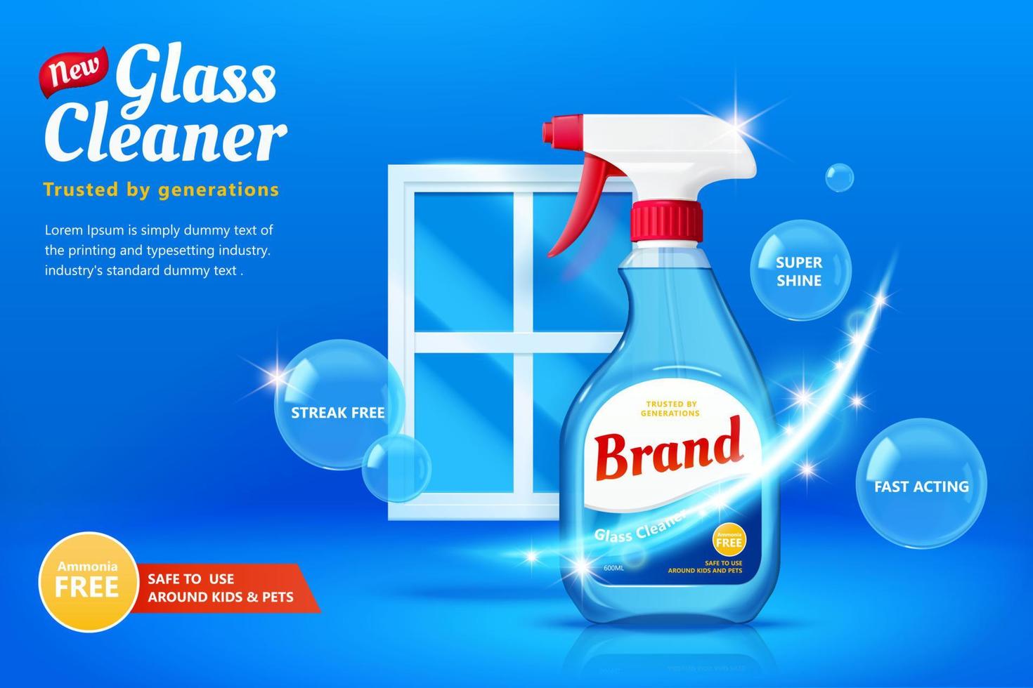 Glass cleaner ad template in 3d illustration, spray bottle with several bubbles and window on blue background. vector