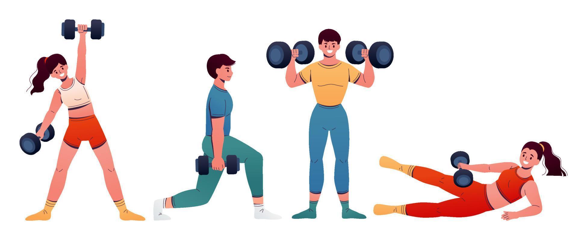 Flat design illustration of men and women lifting heavy dumbbell weights. People characters isolated on white background, concept of gym training and sport exercise. vector