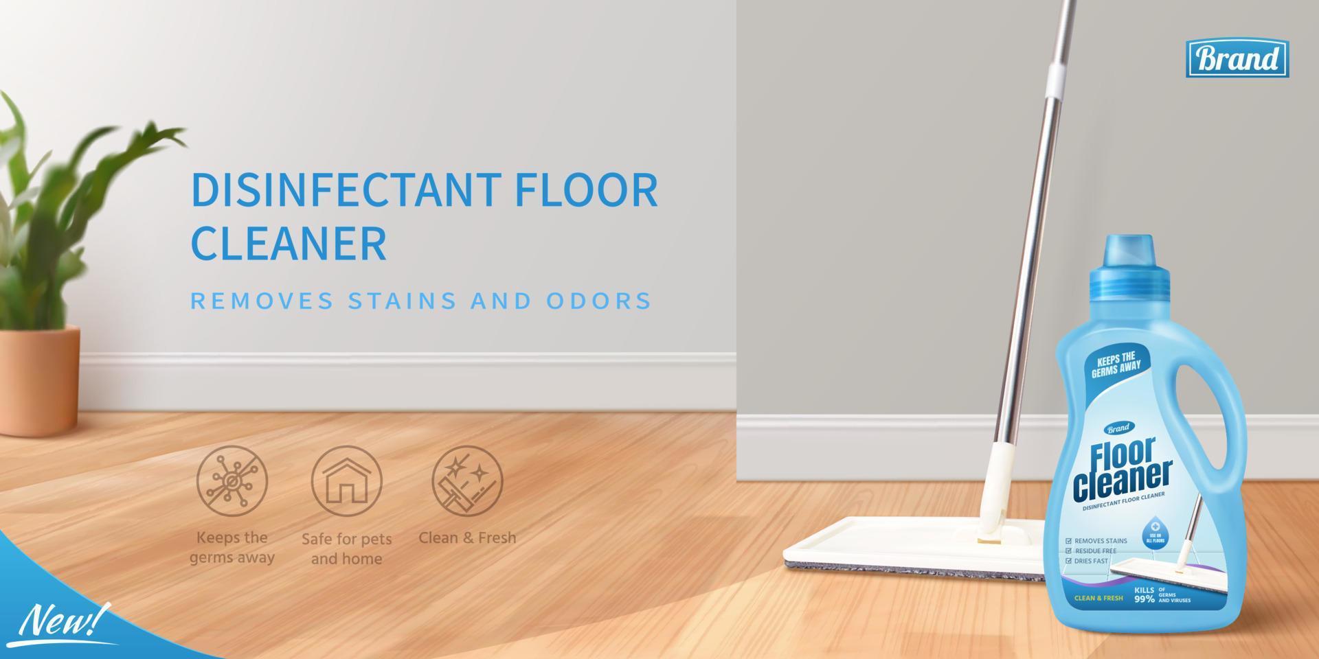 Floor cleaner ad banner in 3D design. Realistic package mock up with wet mop polishing the floor. vector