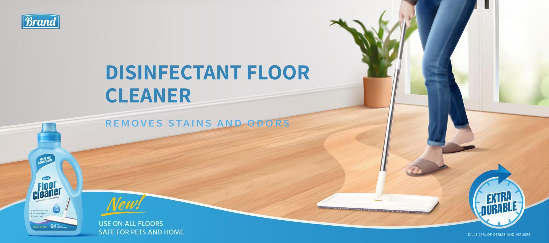 3d ilustración de un realista mujer limpieza piso utilizando desinfectante limpiador y fregar. anuncio póster diseño de piso limpiador. vector