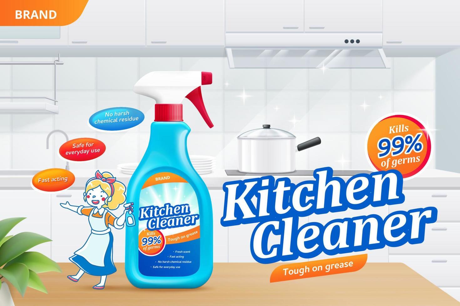 Kitchen cleaner spray ad template, realistic spray bottle with cartoon woman on table, 3d illustration. Surface cleaner bottle in home kitchen. vector