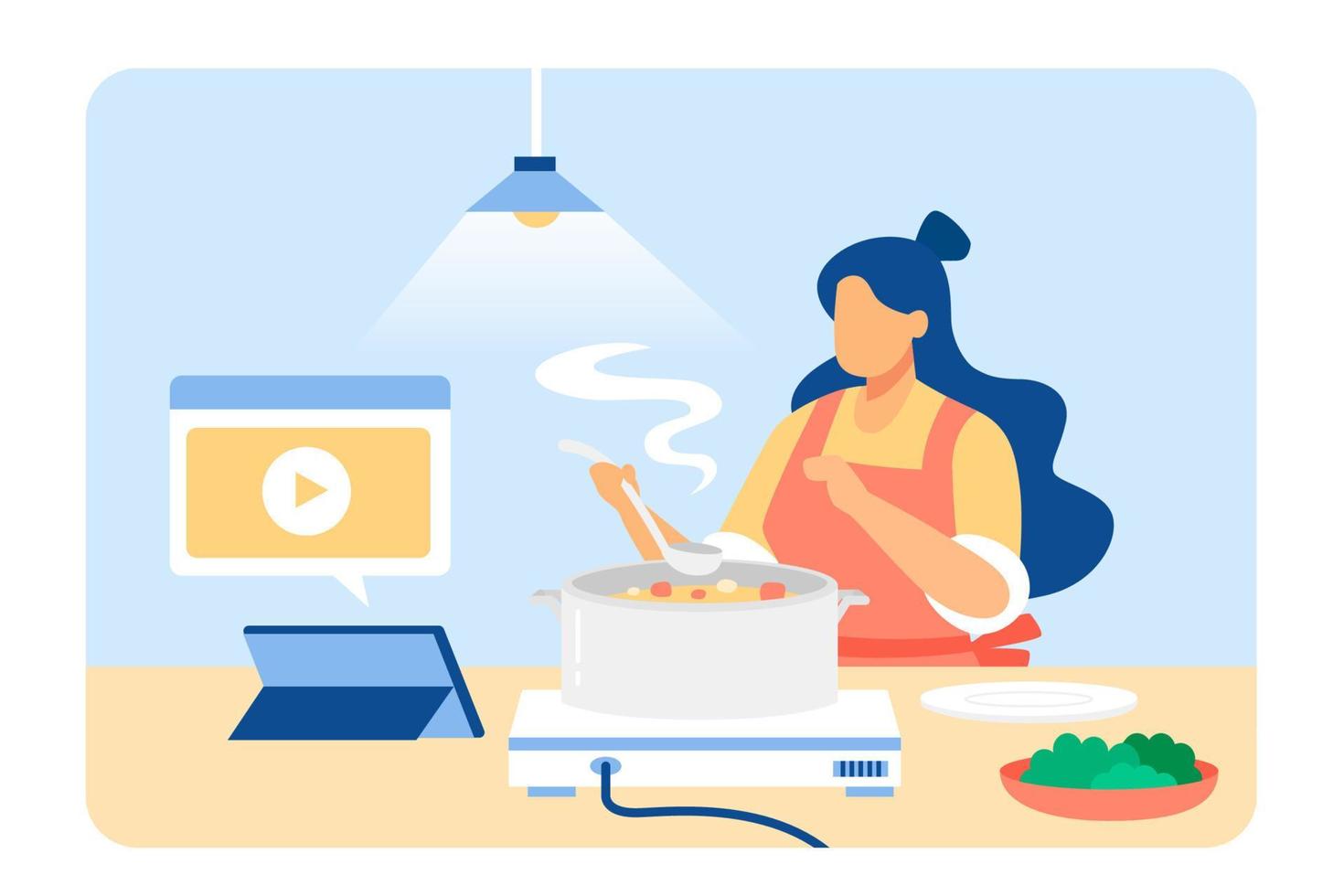 mujer haciendo comida utilizando receta en tableta ordenador personal. hembra en línea aprendizaje Cocinando en digital tableta. plano estilo ilustración. vector