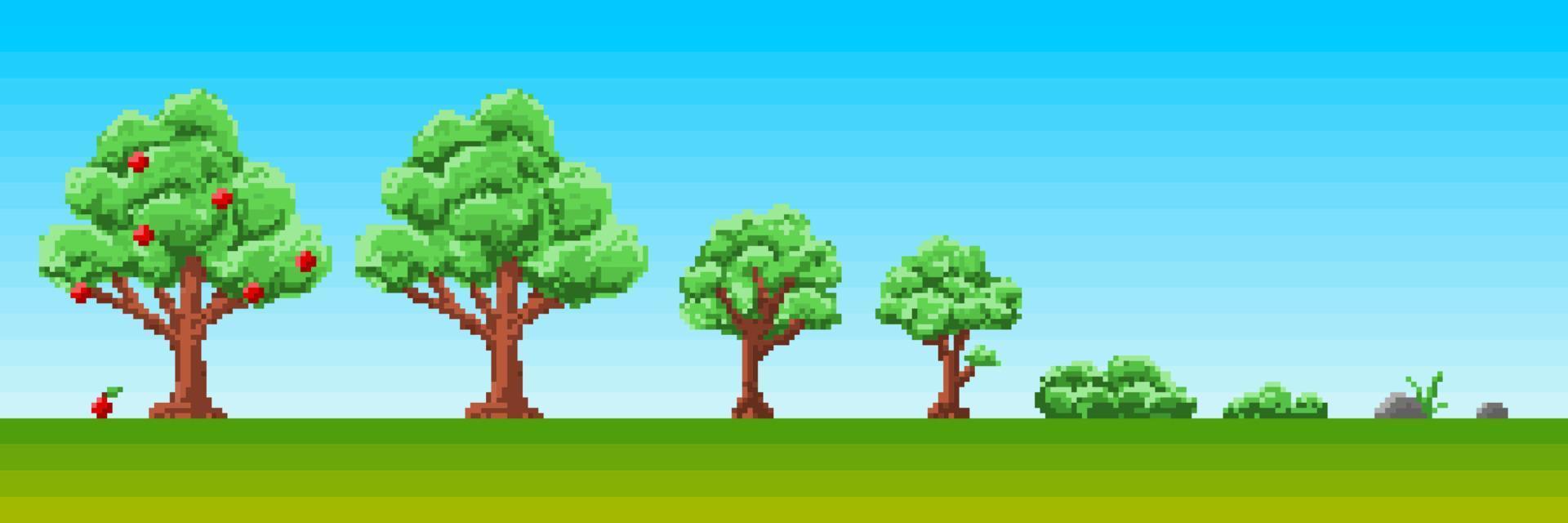 Pixel style art of growing apple tree stages. Seedlings, sprout and grown plant. 8bit pixel art suitable for video vector