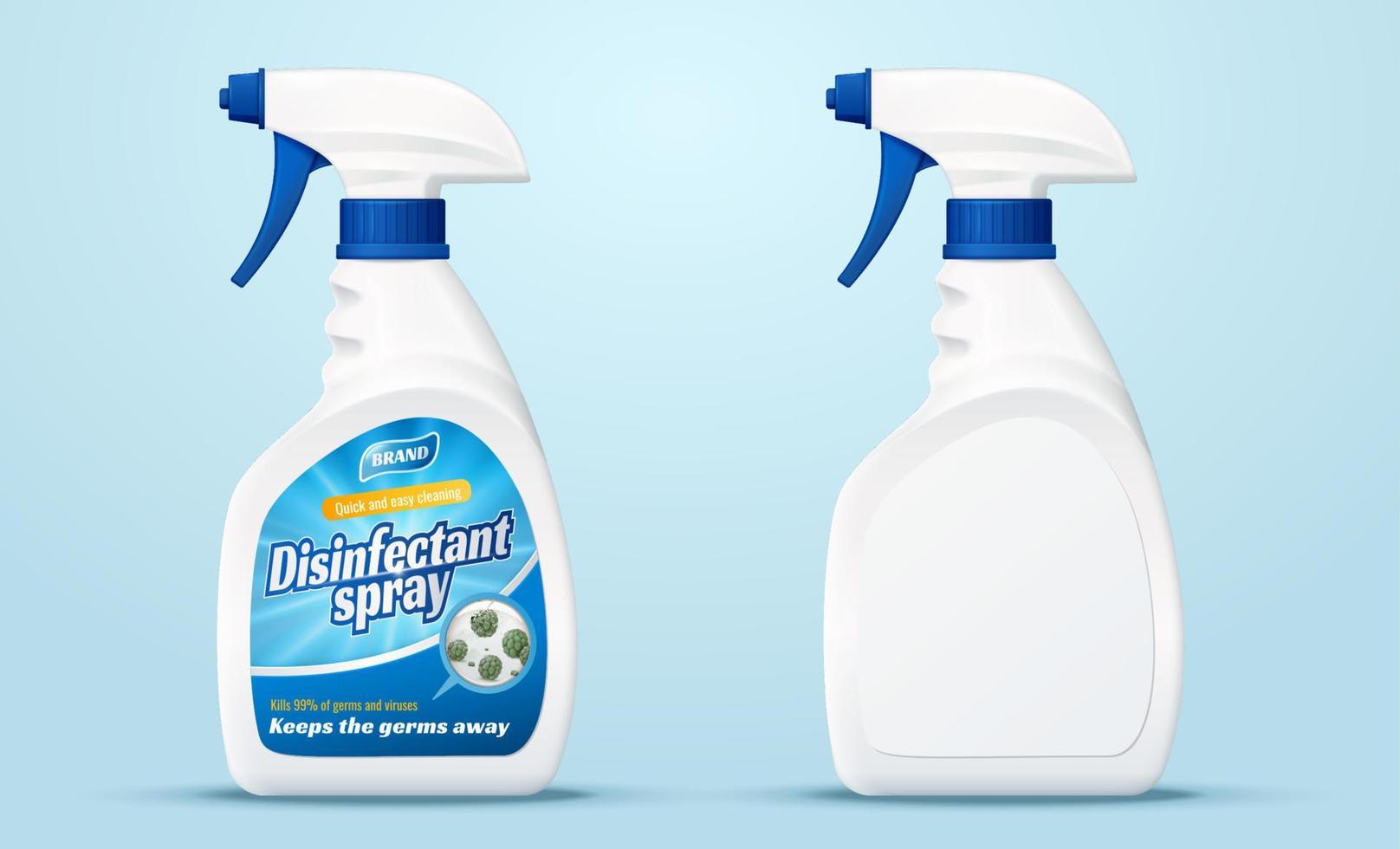 Set of two plastic spray bottles. Cleaner mockups isolated on light blue background in 3d illustration. vector