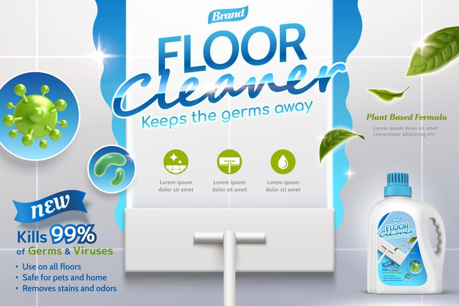 3d illustration of a realistic mop cleaning dirty floor to shine using disinfectant cleaner with germs in closeup and leaves flying. Advertisement poster layout of a floor cleaner with package design. vector