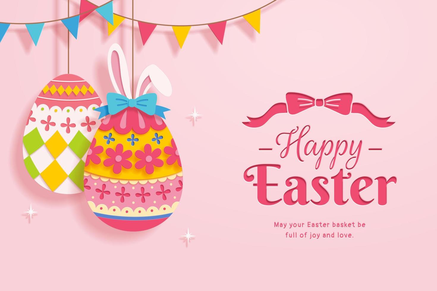 contento Pascua de Resurrección saludo tarjeta en papel cortar diseño. Pascua de Resurrección huevos decorado con floral patrones y conejito orejas. vector