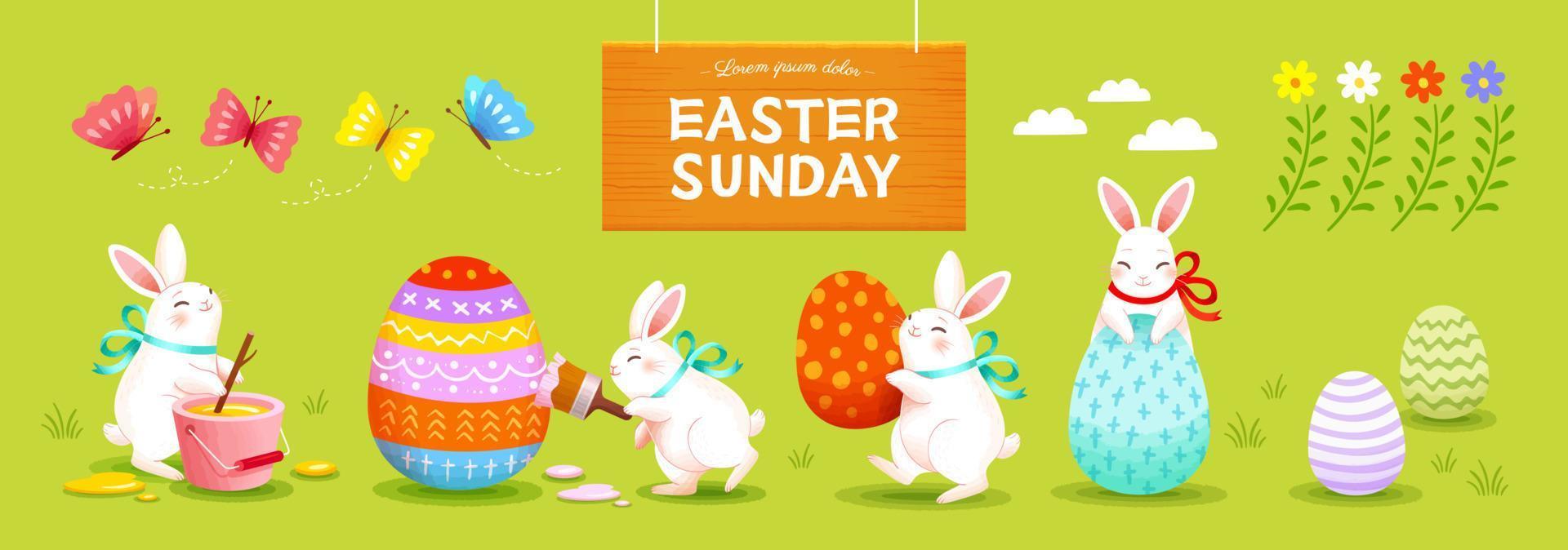 Easter rabbits and colorful painted eggs. Holiday elements isolated on grass green background. vector