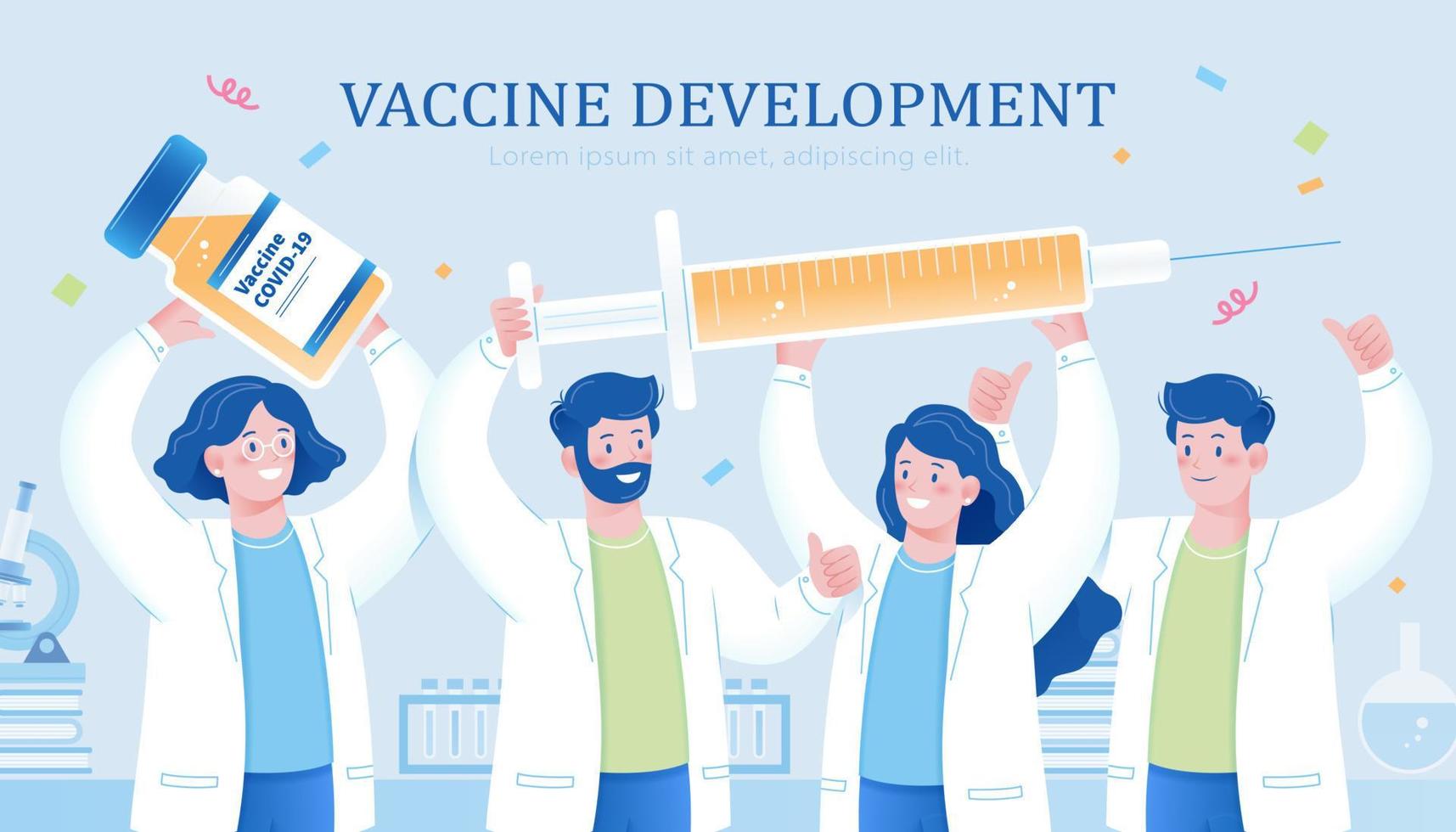 Scientist team holding vaccine bottle and syringe. Concept of vaccination development and celebration for the end of covid era. vector