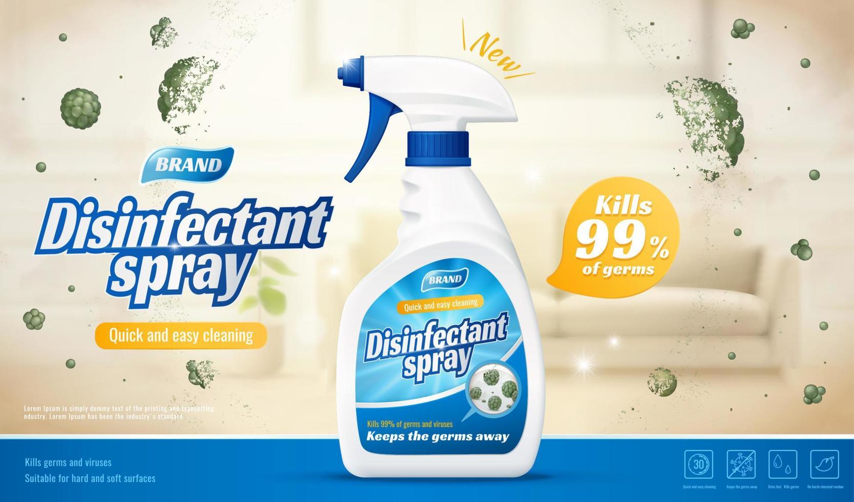 3d disinfectant spray ad template. Detergent spray bottle on blurry living room background with shield protecting against stubborn mold and germs. vector