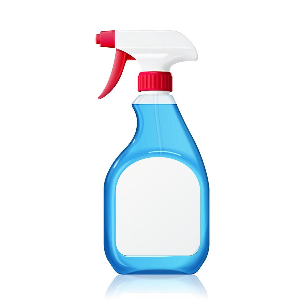 3d plastic spray bottle with red trigger and blank label isolated on white background. Container element suitable for detergent, house cleaner or disinfectant. vector