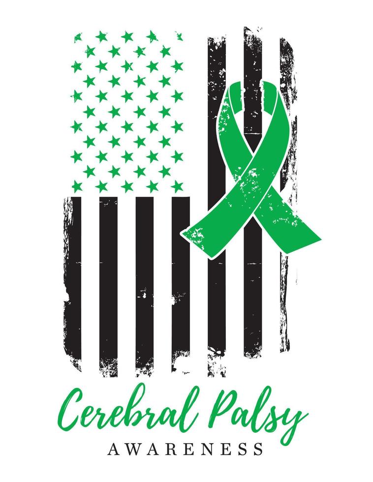 Cerebral Palsy Awareness, Green Ribbon, American Distressed Flag vector