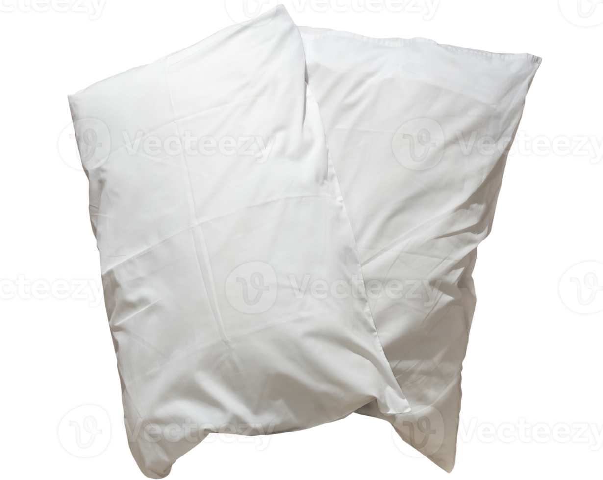 Two white pillows with cases after guest's use at hotel or resort room isolated with clipping path in png file format, Concept of comfortable and happy sleep in daily life