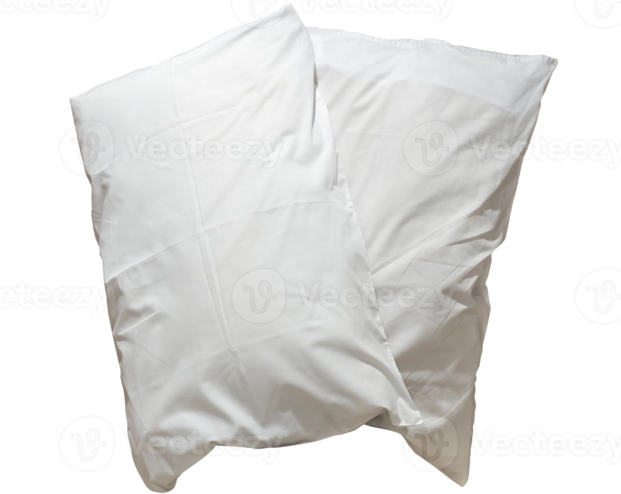 Two white pillows with cases after guest's use at hotel or resort room isolated with clipping path in png file format, Concept of comfortable and happy sleep in daily life