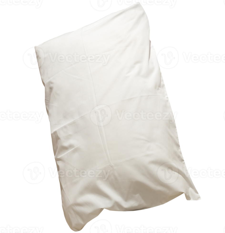 White crumpled pillow with case after guest's use at hotel or resort room isolated with clipping path in png file format, Concept of confortable and happy sleep in daily life