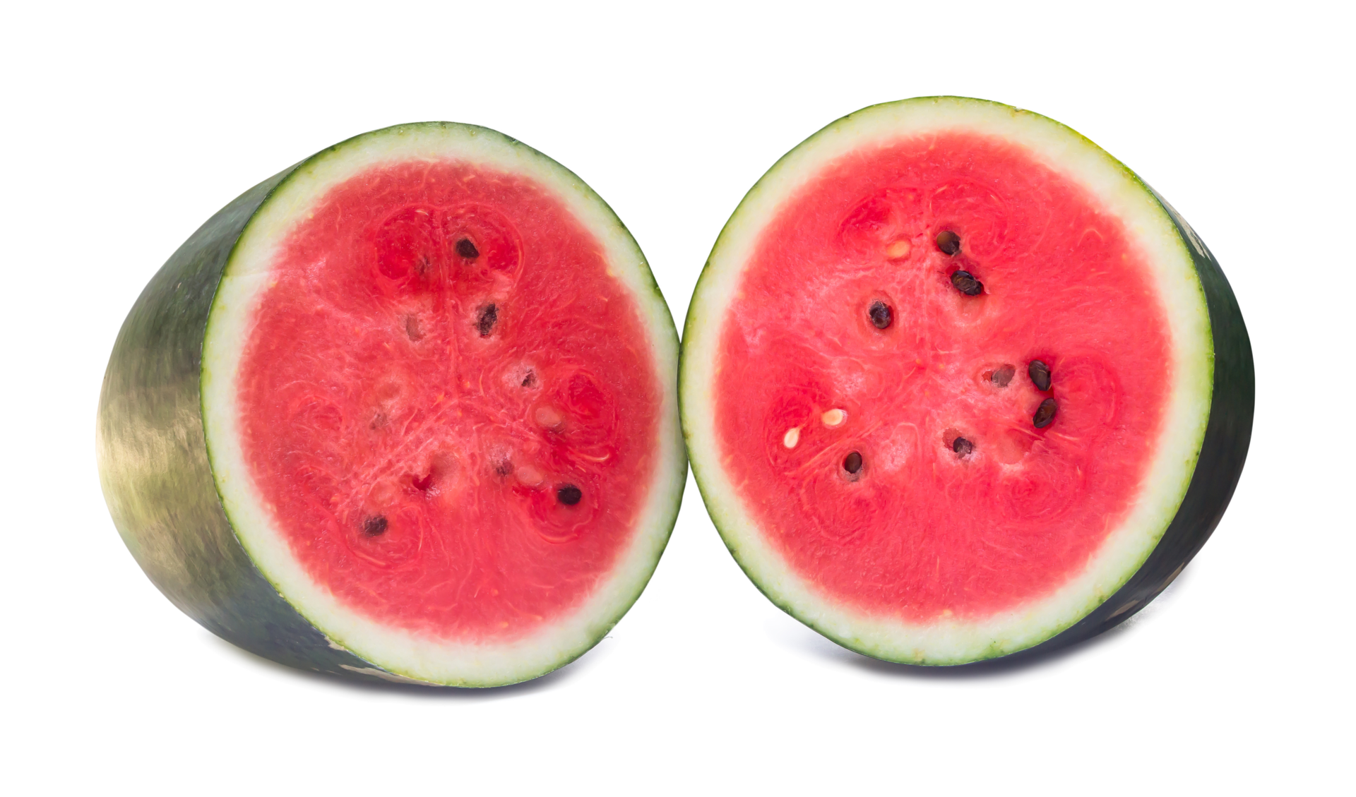 Two halves of fresh ripe red watermelon isolated with clipping path and