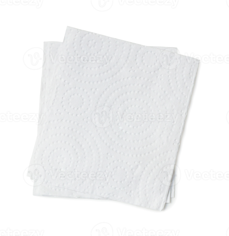 Two folded pieces of white tissue paper or napkin for use in toilet or restroom in stack isolated with clipping path and little shadow in png file format