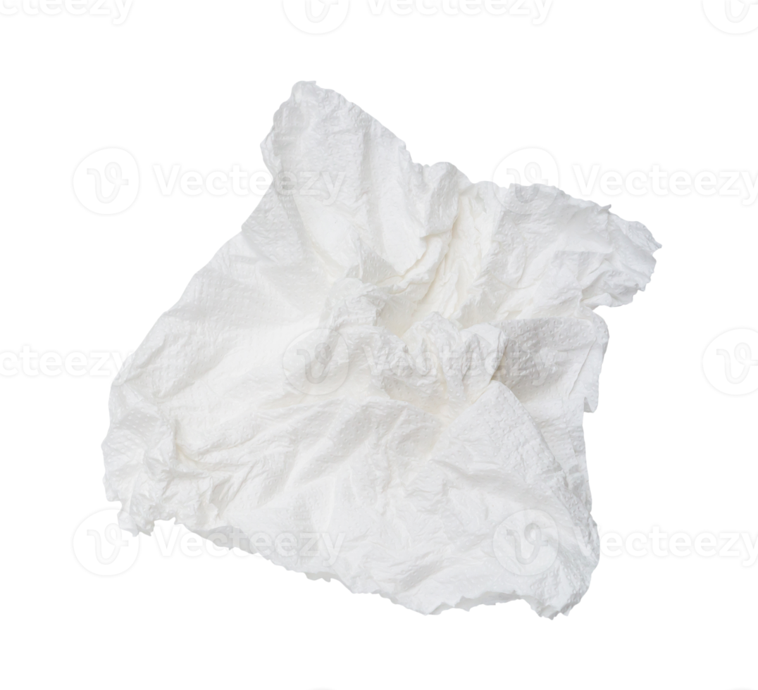 Wrinkled or crumpled white stencil or tissue paper after use from toilet or restroom left on the floor isolated with clipping path in png file format