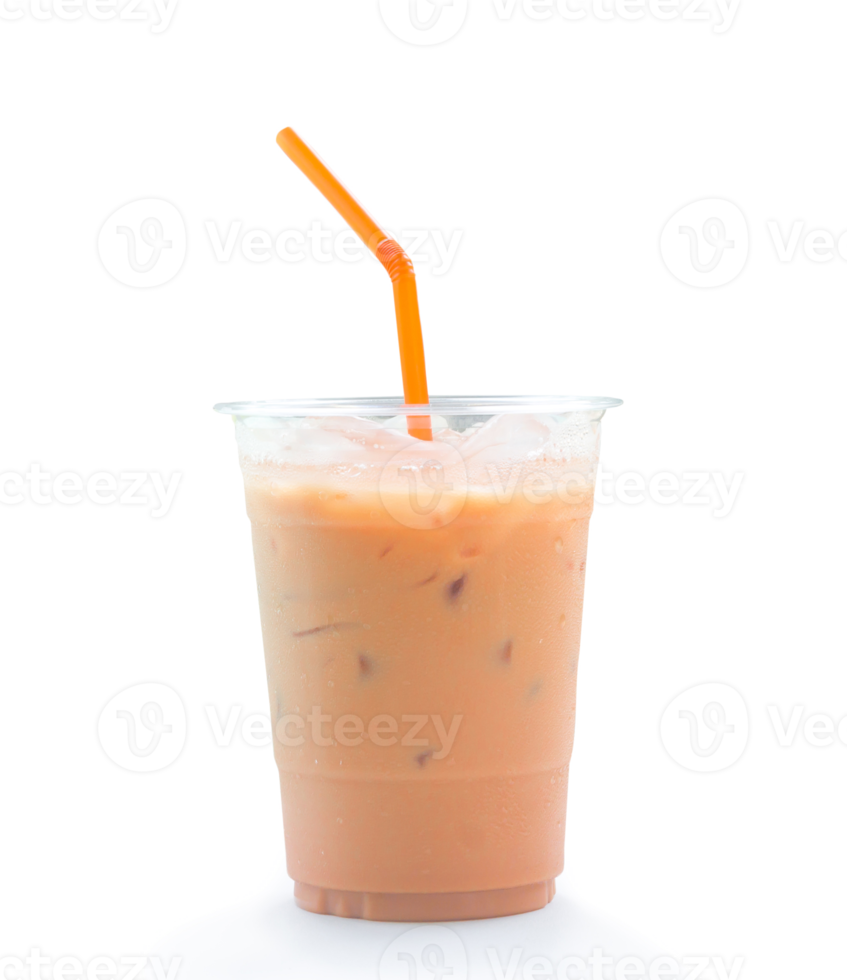 Orange Thai iced condensed milk tea in transparent plastic glass with straw is isolated with clipping path and shadow in png file format