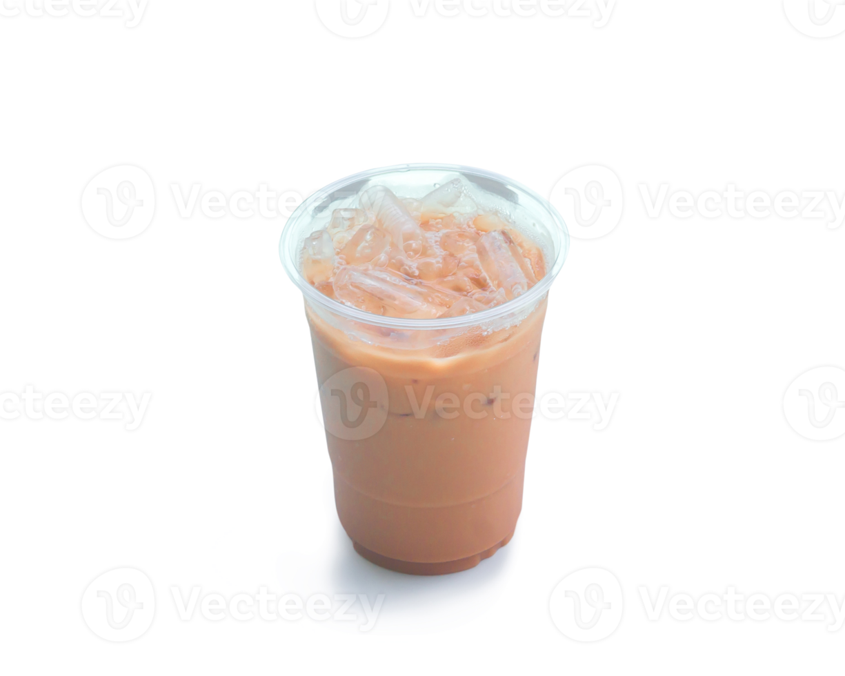 Orange Thai iced condensed milk tea in transparent plastic glass is isolated with clipping path and shadow in png format