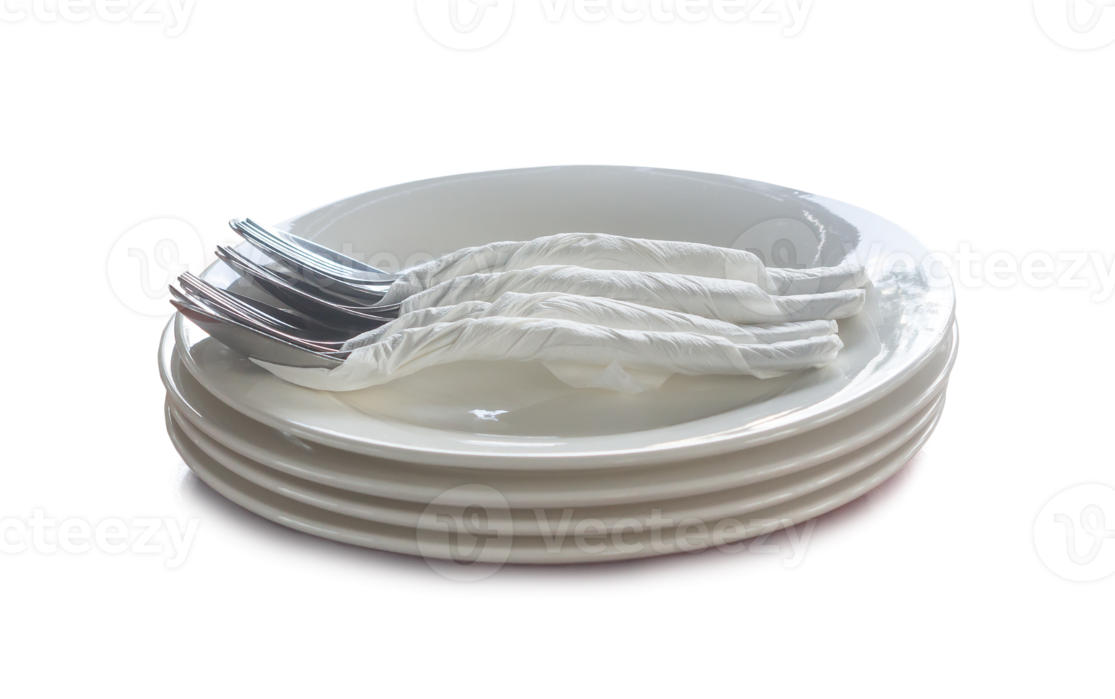 Tableware, white plates with spoons and forks nicely prepared at hotel or restaurant are isolated with clipping path and shadow in png format