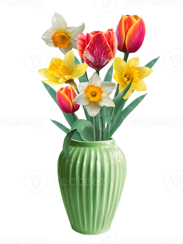 flowers of daffodils and tulips in a vase illustration png