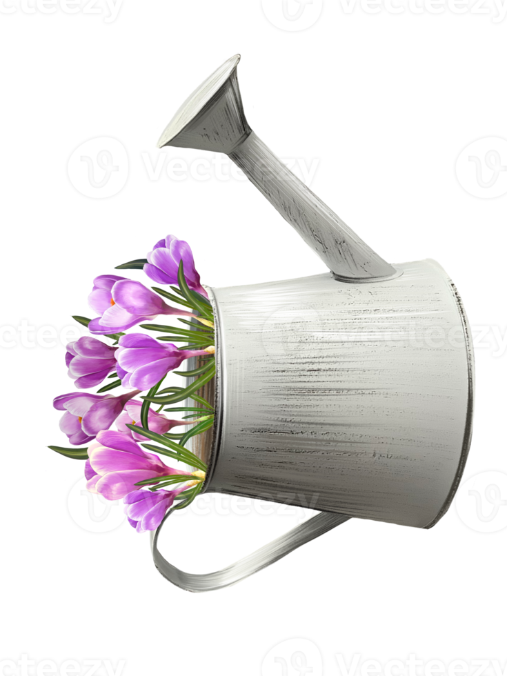 crocus flowers in a watering can illustration png
