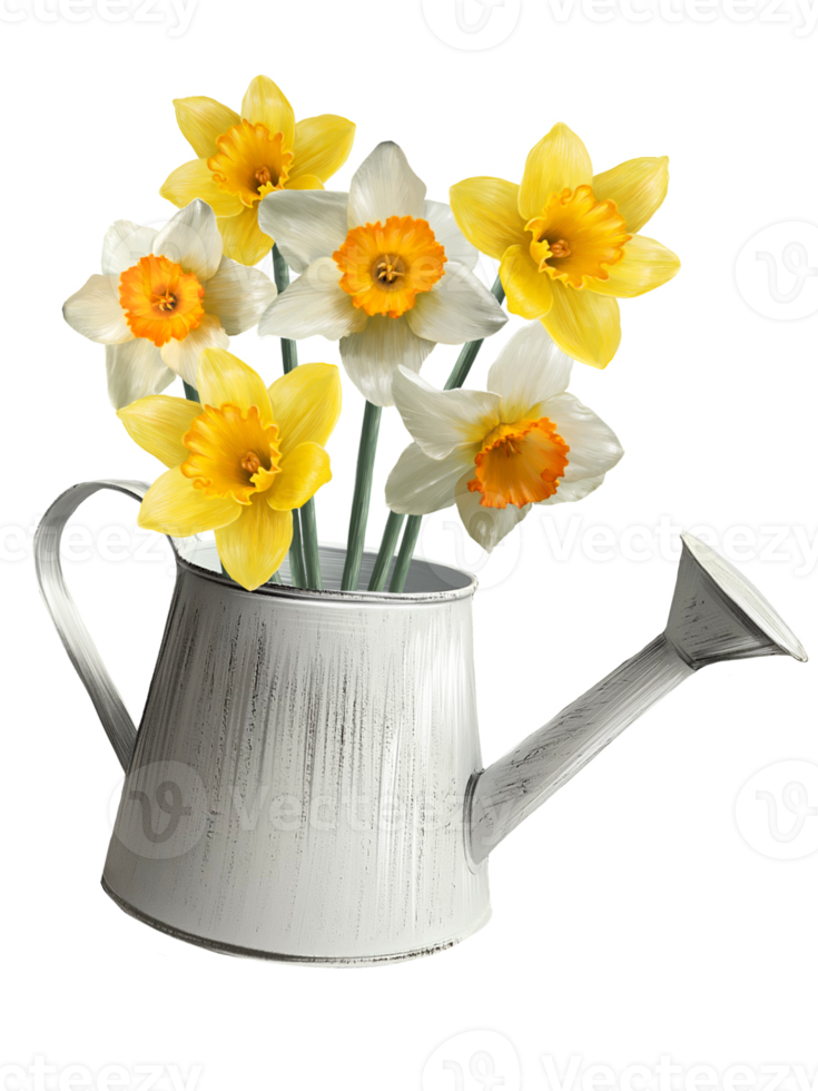 bouquet of daffodils in a watering can illustration png