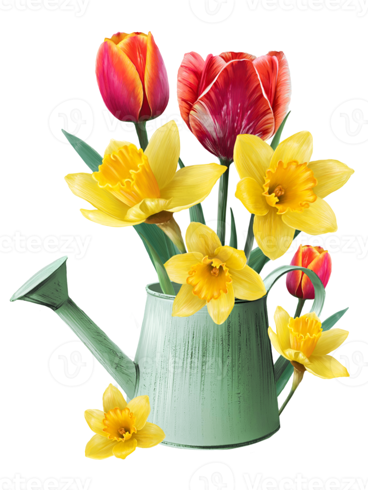 bouquet of tulips and daffodils in a garden watering can illustration png