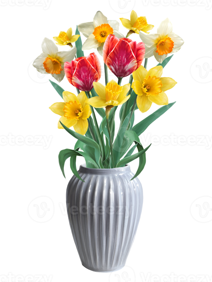bloemen van narcissen en tulpen in een keramisch vaas illustratie png