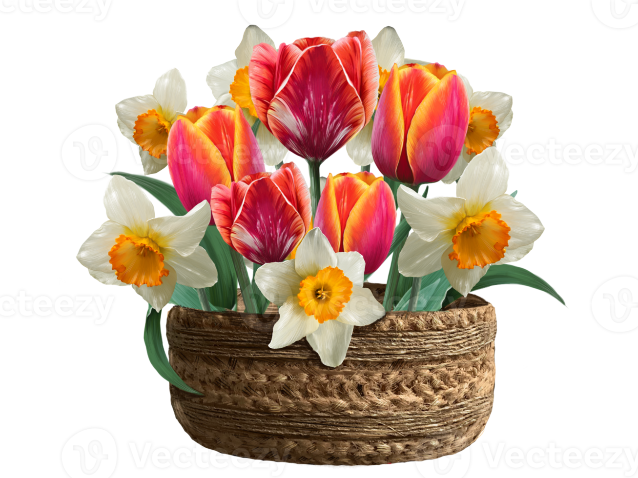 tulips and daffodils in a basket illustration png