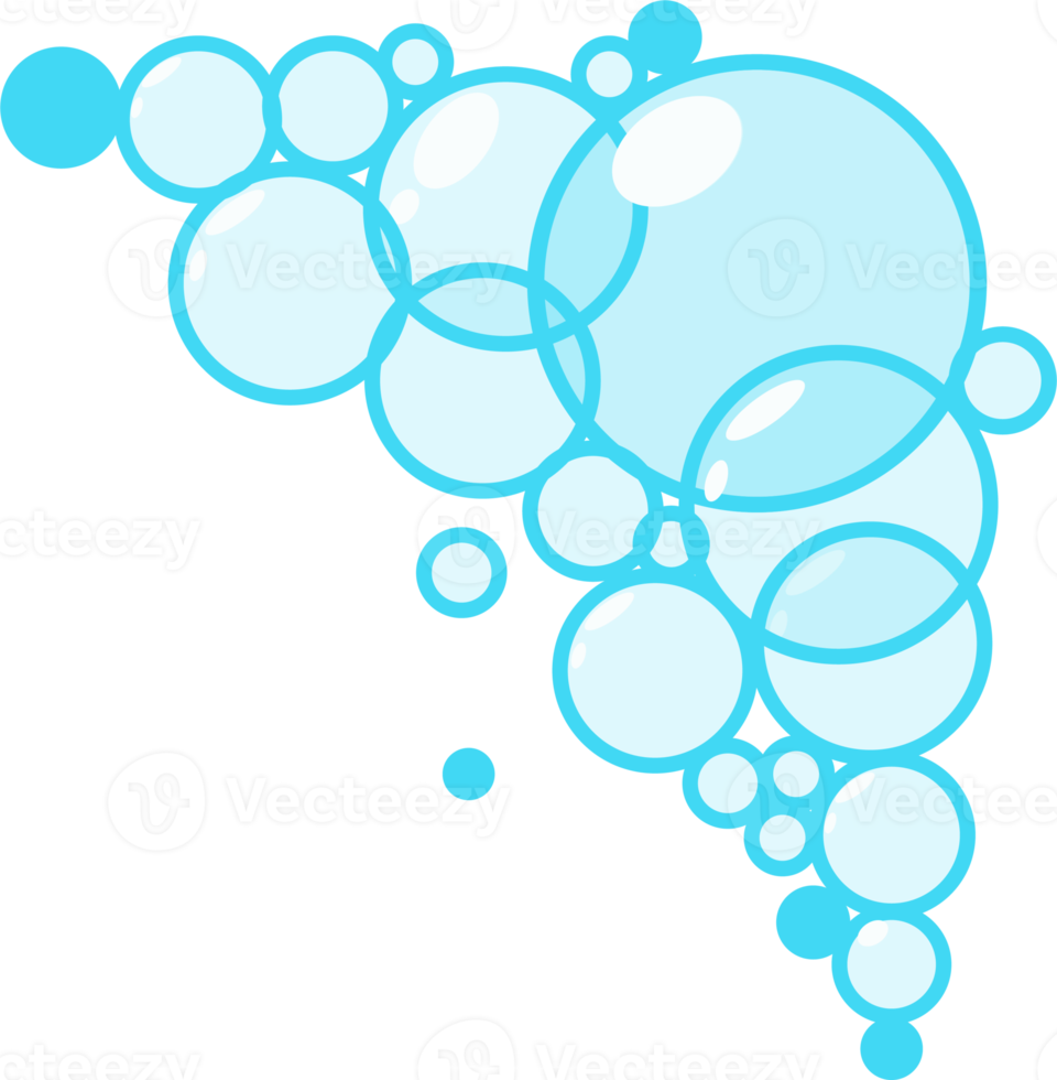 Cartoon soap foam with bubbles. Light blue suds of bath, shampoo, shaving, mousse png