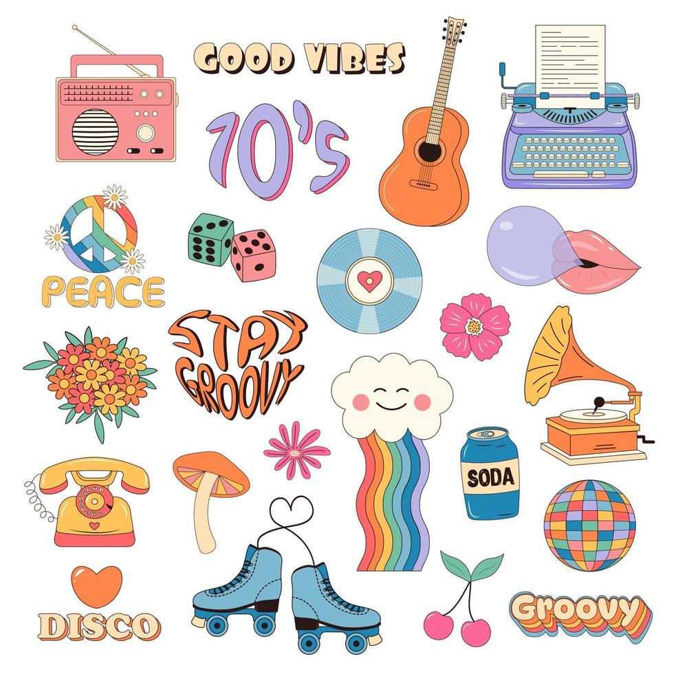 Retro 70s hippie psychedelic groovy elements. 70s nostalgic badges. vector