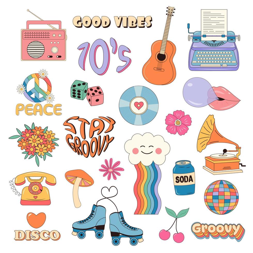 Retro 70s hippie psychedelic groovy elements. 70s nostalgic badges ...