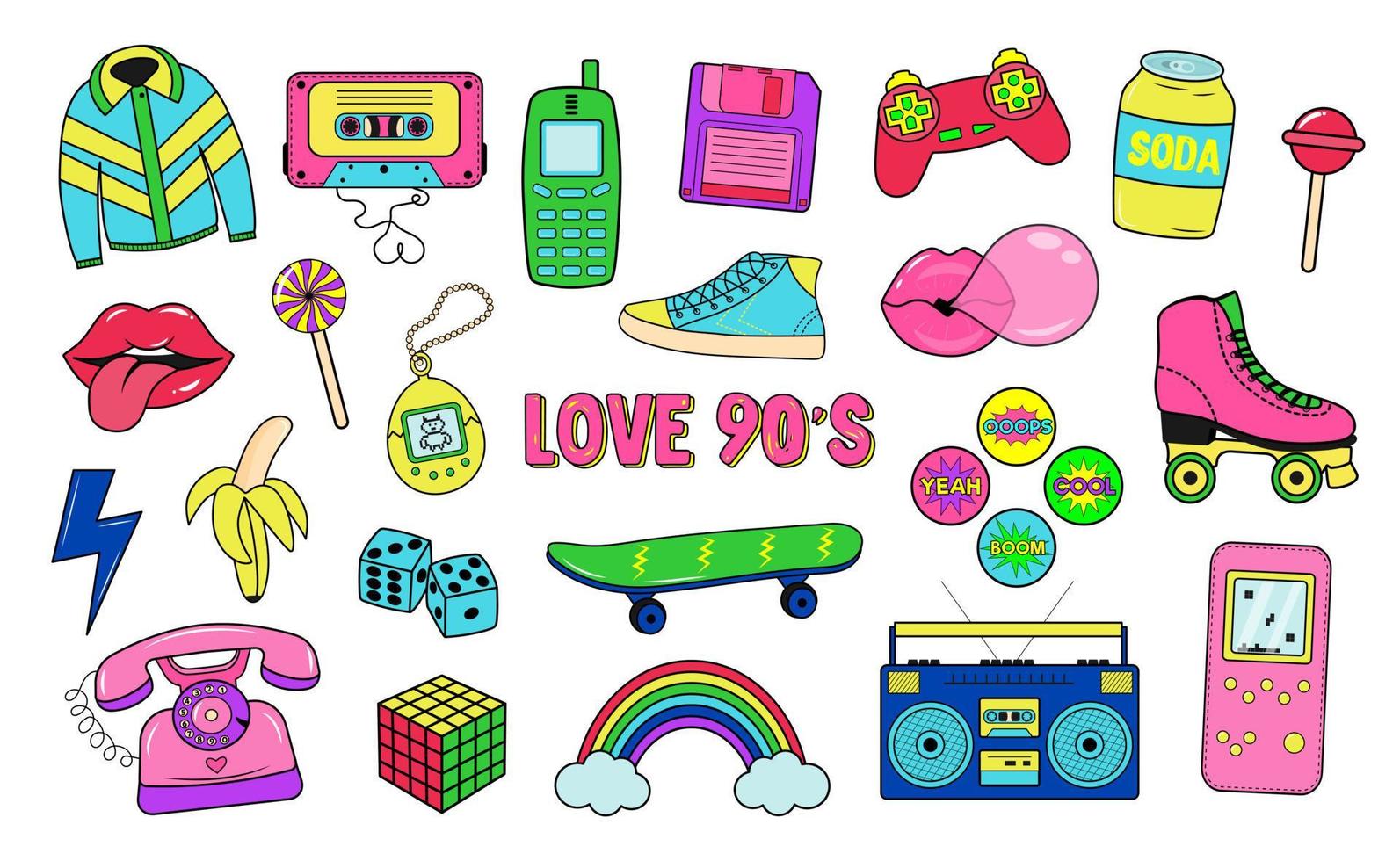 Retro 80s 90s clipart set. Neon colors y2k fashion patch, badge, emblem, stickers. vector